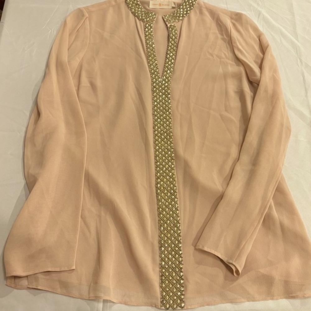 Tory Burch Women’s Dusty Rose Silk Gem Embellished Tunic Blouse‎ Shirt Size 2
